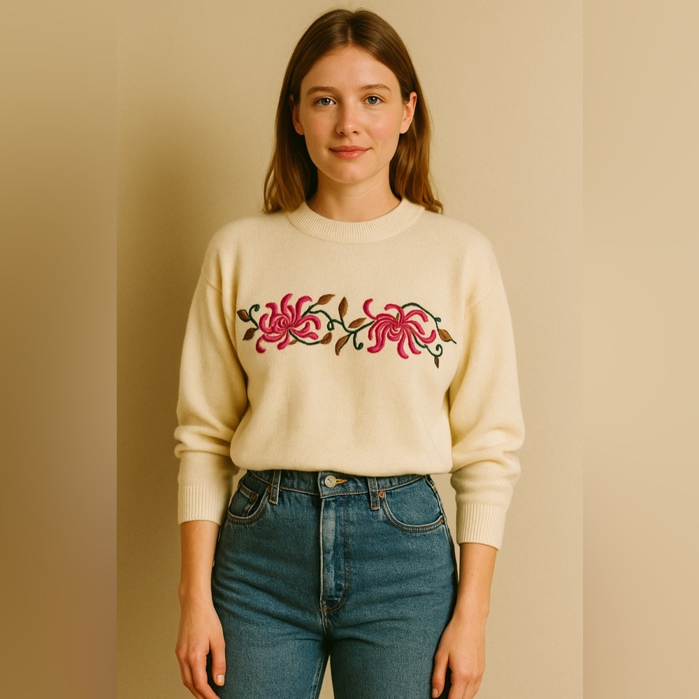 Vintage Meister Cream Wool Blend Sweater Floral Embroidered Pullover L Hong Kong